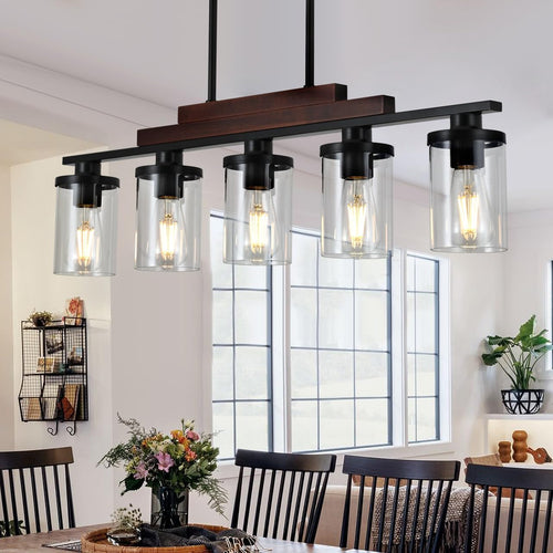Five Light Farmhouse Linear Chandelier With Rustic Wood