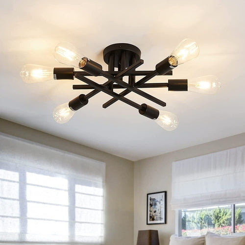Six Light Black Matte Sputnik Chandelier Semi Flush Ceiling Light