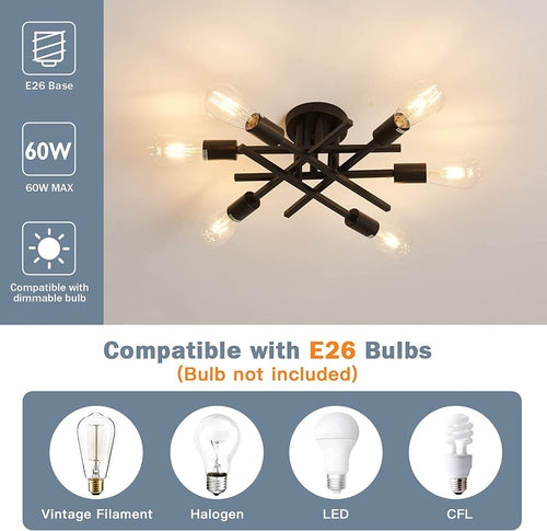 Six Light Black Matte Sputnik Chandelier Semi Flush Ceiling Light