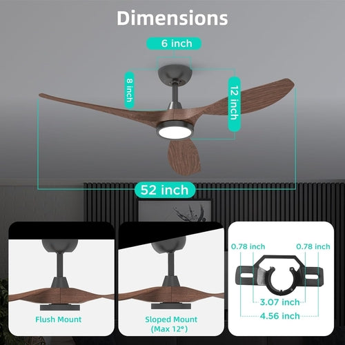 52 Inch Black Ceiling Fan With Lights And Remote Control