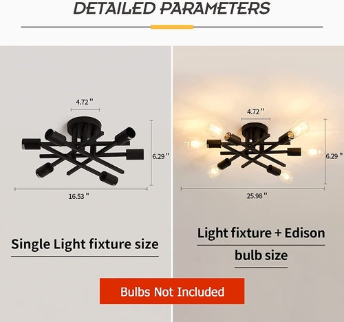 Six Light Black Matte Sputnik Chandelier Semi Flush Ceiling Light