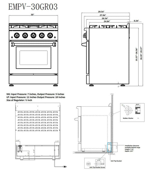 Empava 30GR03 30 Inch Freestanding Range Gas Cooktop And Oven