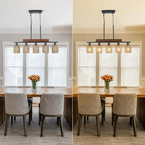 Rattan Farmhouse 5 Light Linear Chandelier Black Lighting